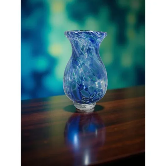 Vintage Hand Blown Blue,Teal Swirl Pattern Heavy Pedestal Bottom Vase - Picture 7 of 12